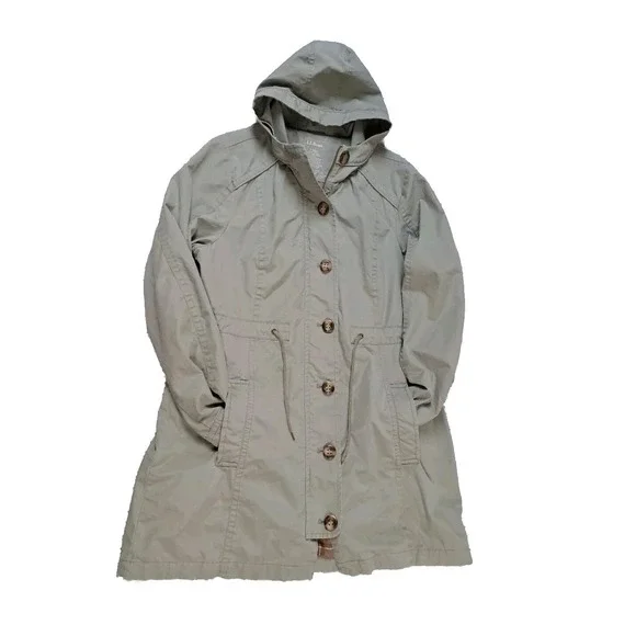 LL Bean Coat L 2-in-1 Hooded Army Green Fleece Removable Liner Drawstring Waist - Picture 2 of 12